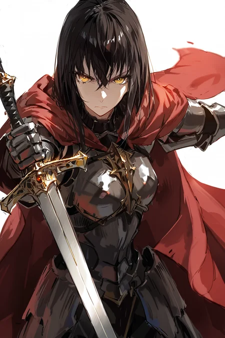 masterpiece,best quality,masterpiece,best quality,
1girl,
knight king,holding_sword,straight hair,long black hair,crossed bangs,golden eyes,beautiful-detailed eyes,glaring,armor,red cloak,battlefield,<lora:DInoballXLlokr8f-000185:0.95>,