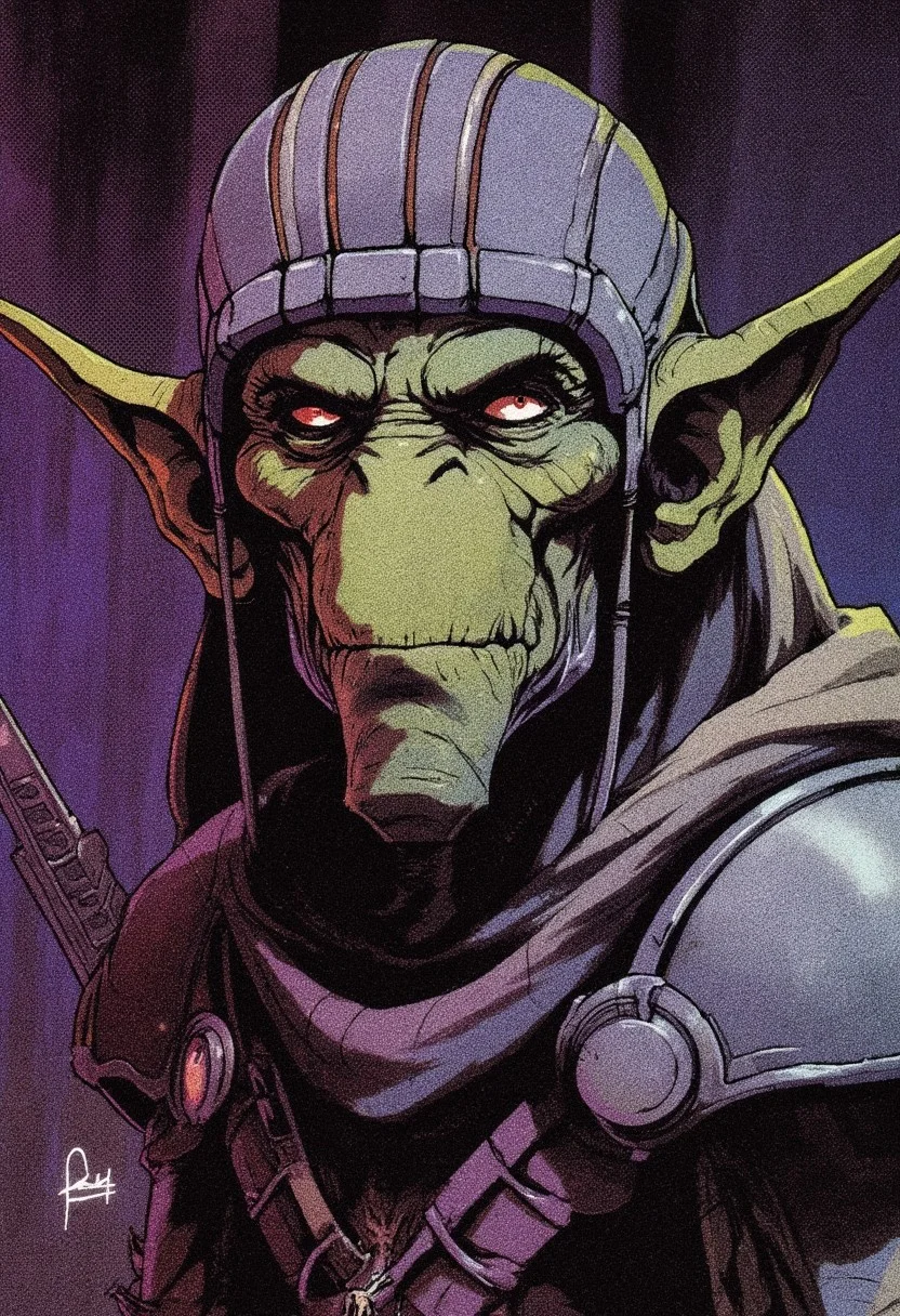 Frank Frazetta fantasy oil painting with 90s retro futuristic anime elements without noise or comic halftone effect. A character with distinct goblin-like features, including green skin, exaggerated ears that point outward, and a long, sharp nose. The character's head is covered with a helmet or headgear with sharp, angular lines and grooves that partially obscure their eyes, giving a somewhat robotic or armored appearance. The expression is neutral, with eyes closed or barely visible beneath the headgear.
The character’s posture appears relaxed, with a slight smirk, hinting at a calm or content mood. The background is shaded with darker tones, and the scene seems to be set indoors or in a confined space, perhaps a room or cave. The lighting casts deep shadows, adding contrast to the figure’s facial features and the overall atmosphere. The color palette is a combination of muted tones with purples, greens, and dark hues, giving a slightly mysterious or somber feel to the image. The composition is dominated by cool tones, with a muted, slightly gritty texture that enhances the gritty, medieval fantasy atmosphere.