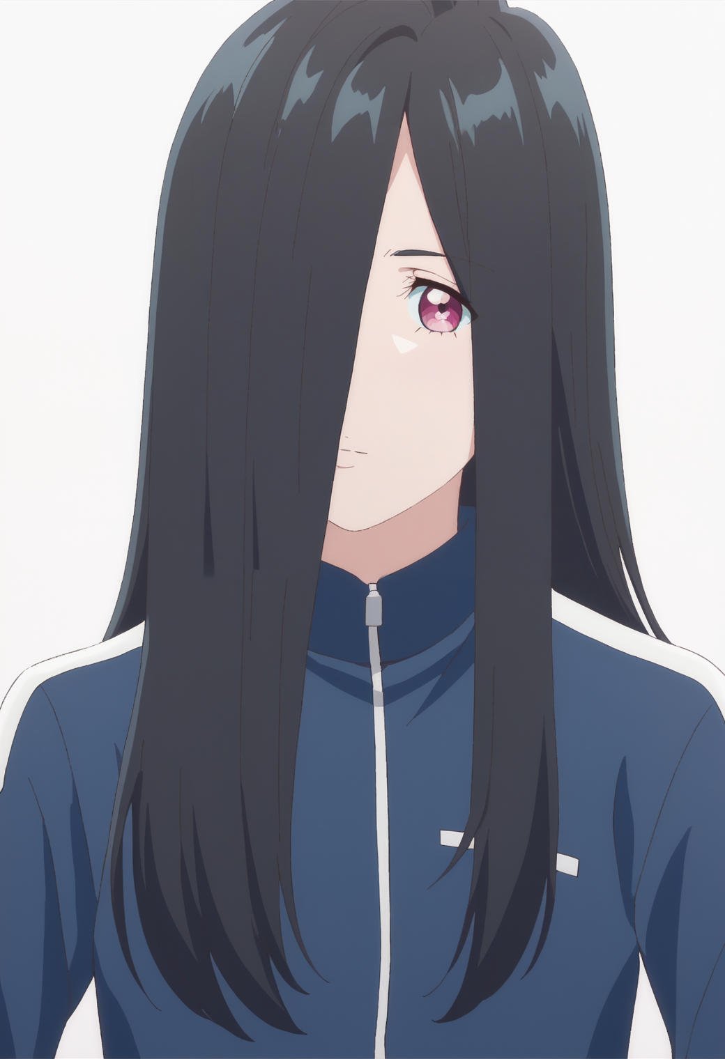score_9, score_8_up, score_7_up, source_anime, BREAK  white background,dynamic pose, looking at viewer,  1girl  <lora:DX888Aoi-10:1>,kamimachi aoi, black hair,pink eyes, hair over one eye,   track suit,