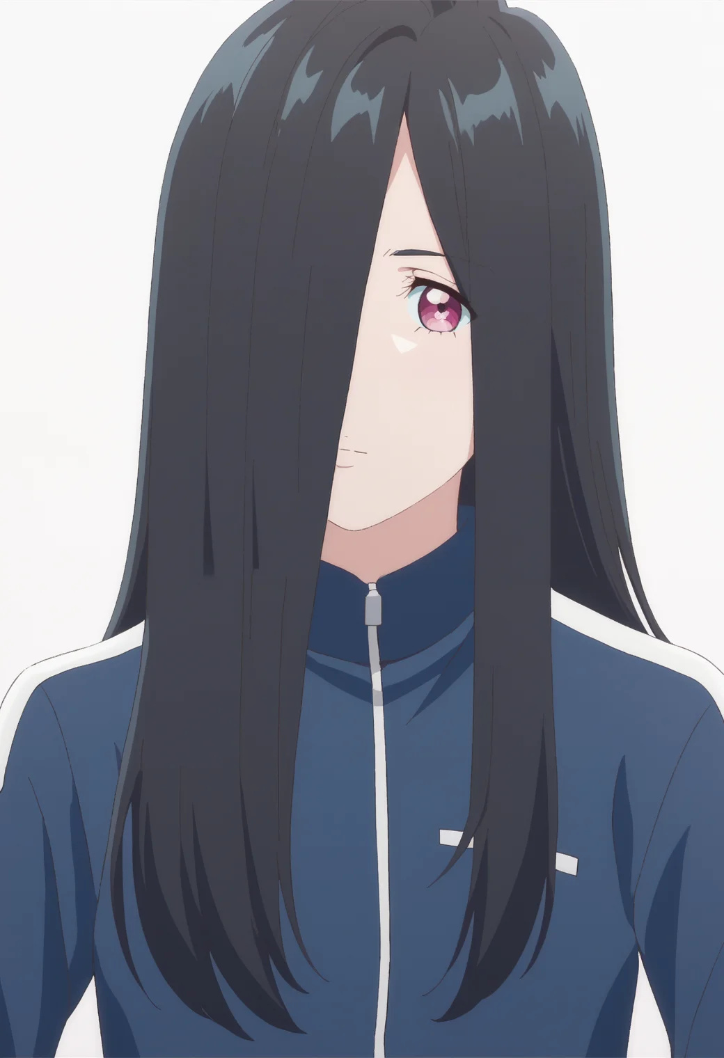 score_9, score_8_up, score_7_up, source_anime, BREAK  white background,dynamic pose, looking at viewer,  1girl  <lora:DX888Aoi-10:1>,kamimachi aoi, black hair,pink eyes, hair over one eye,   track suit,