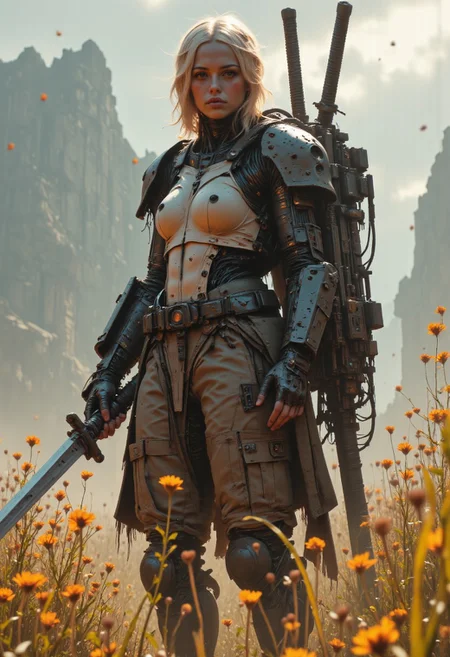 cpstyle. The image is a high-quality digital artwork featuring a futuristic, cyberpunk aesthetic. The subject is a strong, confident pale skinned woman with long, blonde hair cascading over her shoulders. She has a deep, focused expression and a dark complexion. She stands on a morning meadow, bathed in atmospheric sunlight filtering through the mist, creating a serene yet powerful ambiance.
She is depicted with a highly advanced, cybernetic exoskeleton strapped to her back, comprising numerous wires, mechanical arms, and various components that suggest advanced technology. The exoskeleton includes a large, complex backpack with numerous cables, electronic modules, and a small display screen.
Her attire consists of beige cargo pants with multiple pouches and a utility belt. In her right hand, she holds a katana with a black, ornate hilt, sheathed in a black scabbard, with the blade extending horizontally from her side. Her chest and shoulders are exposed, revealing a muscular build, and a small, black, rectangular device is attached to her left shoulder.
The soft, golden sunlight of the morning meadow contrasts with the futuristic, high-tech elements, creating a unique blend of nature and cybernetic power. The overall mood is both intense and atmospheric, merging cyberpunk and sci-fi aesthetics with the warmth of nature. mythp0rt