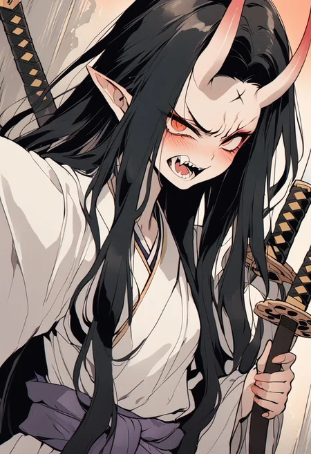 demon girl. katana, holding sword, perspective
oni
gradient illustration by victo ngai kimono
angry, long hair,
masterpiece best quality