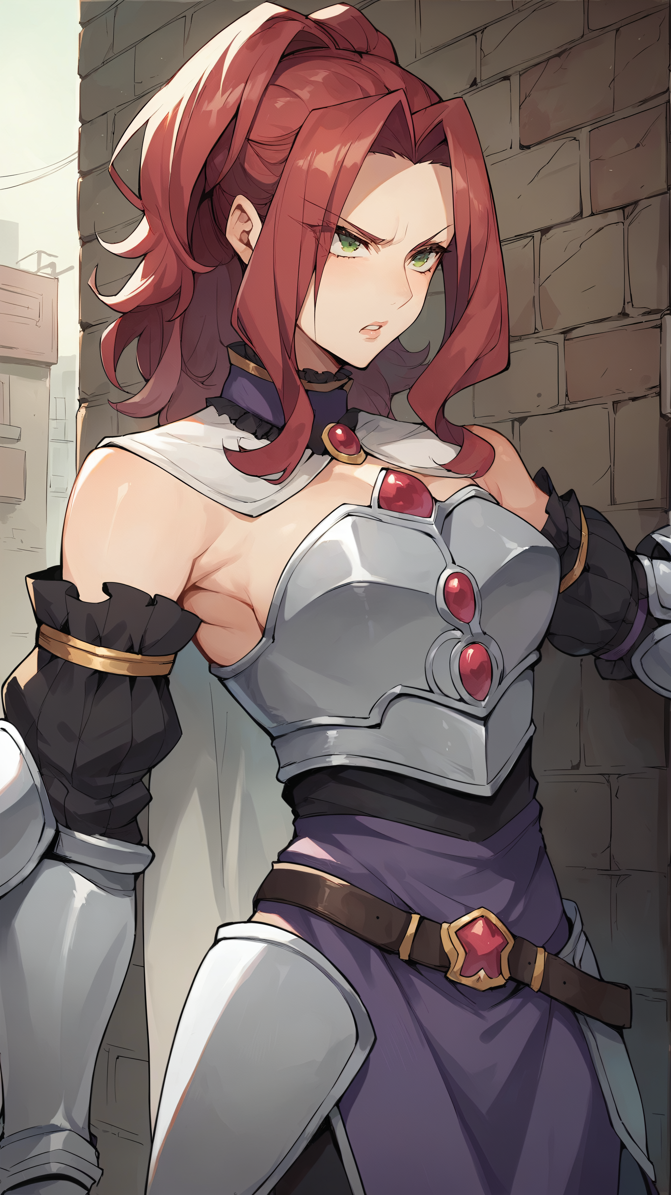 score_9,score_8_up,score_7_up,score_6_up, source_anime, zPDXL, <lora:xl_more_art-full_v1:0.5>, girl, dynamic pose, outstretched arms, red hair, hair up, green eyes, iron armor, breastplate, detached sleeves, white capelet, purple skirt, leather belt, arm guards,  <lora:Malty - Pony-000004:0.8>, leaning back against a wall, annoyed, pouty lips, alley,