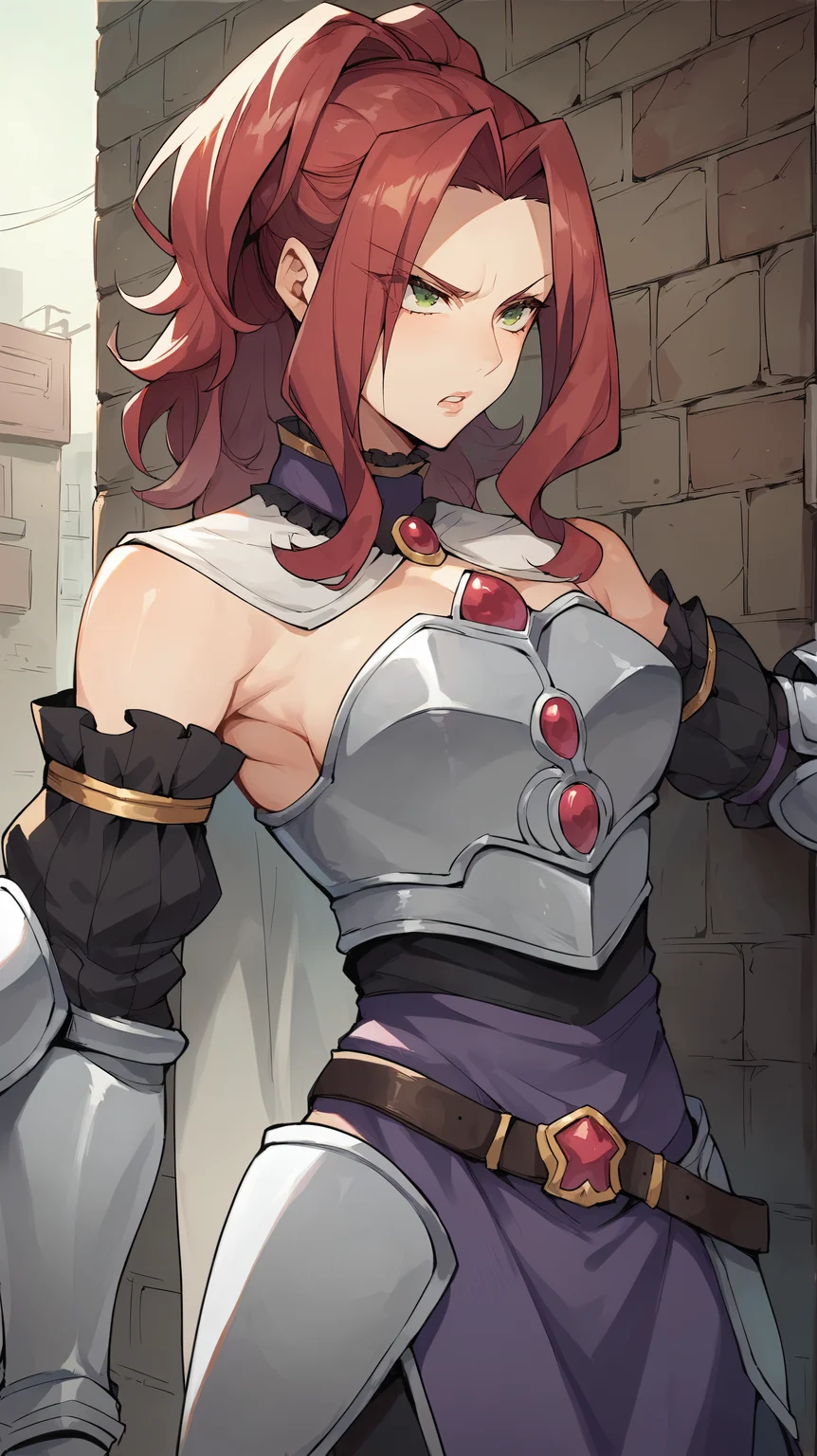 score_9,score_8_up,score_7_up,score_6_up, source_anime, zPDXL, <lora:xl_more_art-full_v1:0.5>, girl, dynamic pose, outstretched arms, red hair, hair up, green eyes, iron armor, breastplate, detached sleeves, white capelet, purple skirt, leather belt, arm guards, <lora:Malty - Pony-000004:0.8>, leaning back against a wall, annoyed, pouty lips, alley,