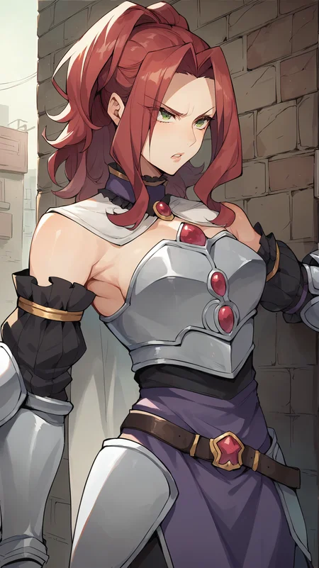score_9,score_8_up,score_7_up,score_6_up, source_anime, zPDXL, <lora:xl_more_art-full_v1:0.5>, girl, dynamic pose, outstretched arms, red hair, hair up, green eyes, iron armor, breastplate, detached sleeves, white capelet, purple skirt, leather belt, arm guards, <lora:Malty - Pony-000004:0.8>, leaning back against a wall, annoyed, pouty lips, alley,