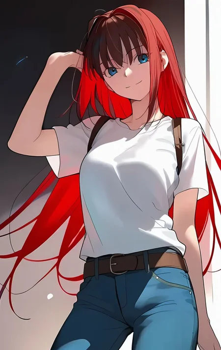<lora:PONY_character_aozaki_aoko:1>,aozaki_aoko_red, 1girl, jeans, denim, solo, t-shirt, pants, shirt, belt, white_shirt, smile, score_9, score_8_up, score_7_up, score_6_up,1girl