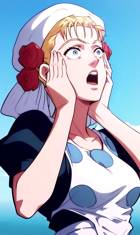 j0j0, score_8_up, score_7_up, source_manga, rating_explicit, <lora:j0j0XLP:0.5>, suz1Q, girl, blonde hair, messy hair, blue eyes, shocked expression, white hat with roses, maid uniform, white top, hands on face, blue polkadots, upper body, outdoors near the ocean, <lora:Jojos_Bizarre_Adventure_Suzi_Q_-_Pony:0.8> (profiles:0.4)
