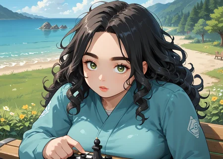 PonyScores7, source_anime, ah1, IllustriousQual, <lora:natsumi_style:0.5>, <lora:by_usakun-pony:0.4> by usakun, <lora:Akina_Bbw_Style_-_PonyXL:0.2> AkinBw
BREAK (landscape, far from viewer)
BREAK 1girl, mature female, (round face:1.2), (thick eyebrows:1.3), (curvy), round-chin, caucasian, (plump face), <lora:Round_face:0.2>, <lora:ETO_OCPonyXL:0.3> eto_oc, skindentation, (plump), thick thighs, wide hips, busty, voluptuous, lips, <lora:venus body PonyXL:0.3>, <lora:shinyskin2:0.2> glistening skin
BREAK  (((curly hair), long hair, (black hair:1.4), (parted hair:1.7), messy hair, kinky curls, <lora:hairdetailpxl:0.2> hairdetailpxl))
BREAK ((half green and brown eyes), (colorful eyes), (multicolored eyes), (downturned eyes:1.4), <lora:expressive eyes:0.2> expressive eyes, <lora:eyedetailpxl:0.2> eyedetailpxl, <lora:Eyes_High_Definition:0.2> EyesHD)
BREAK ((Appreciative, Nod slightly raised eyebrows indicating gratitude or approval)),  <lora:Expressive_H:0.2> Expressiveh, <lora:Emotional_Anime_Expressions_PonyXL_Concept:0.2> emotional, <lora:Best_Facial_Expression_LoRA_PONY:0.2>, looking at viewer, <lora:Detailed expressive EXEV style -XL Pony V1.0:0.2> FaceDetail
BREAK ((cooking Sweet and tangy mango salsa with cilantro))
BREAK Plantain plant water dwelling creature, humanoid appearance with a turtle like shell, webbed hands and feet, mouth located on head, dishl-ike depression on its head holding water, greenish scaly skin, strength, mischievous
BREAK (((A quiet park bench overlooking a chess tournament, the air filled with the clack of pieces and murmurs of strategy)))
BREAK <lora:xl_more_art-full_v1:0.2>, <lora:aesthetic_anime_v1s:0.2>, <lora:EpicF4nta5yXL:0.2>, <lora:detailxl:0.2> detailxl, <lora:Fant5yP0ny:0.2>, best quality, amazing quality, best aesthetic, absurdres, illustration, Volumetric_Lighting, ultra-detailed, very aesthetic, intricate details, 8k, masterpiece, best_quality
BREAK Stable_Yogis_PDXL_Positives, AS-Adult, <lora:Complicated fantasy portrait - XL Pony V2.0:0.2>, bad-hands-5, <lora:HDA_Detailer:0.3>, HDA_FatGirlXL