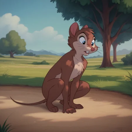 score_9, score_8_up, score_7_up, score_6_up, score_5_up, score_4_up, source_furry, brisbytson, semi-anthro, female, mouse, brown fur, chest tuft, blue eyes, whiskers, outside, barefoot, crouching, hand on ground,