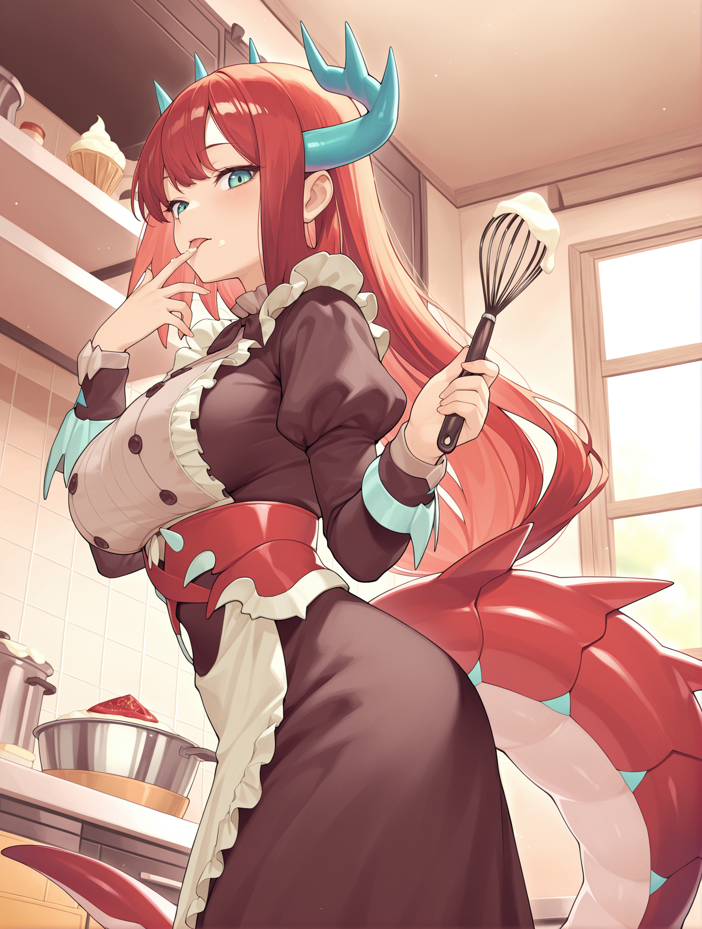 kitchen dragonmaid, 1girl, solo, kitchen, whisk, large breasts, looking at viewer, brown maid clothes, licking finger, indoors, tongue out, food, holding whisk, from side, cream on finger, from below, cream on face,
masterpiece,best quality,amazing quality,very aesthetic,absurdres,newest,<lora:kitchen dragonmaid illuXL v1.1:0.72>,