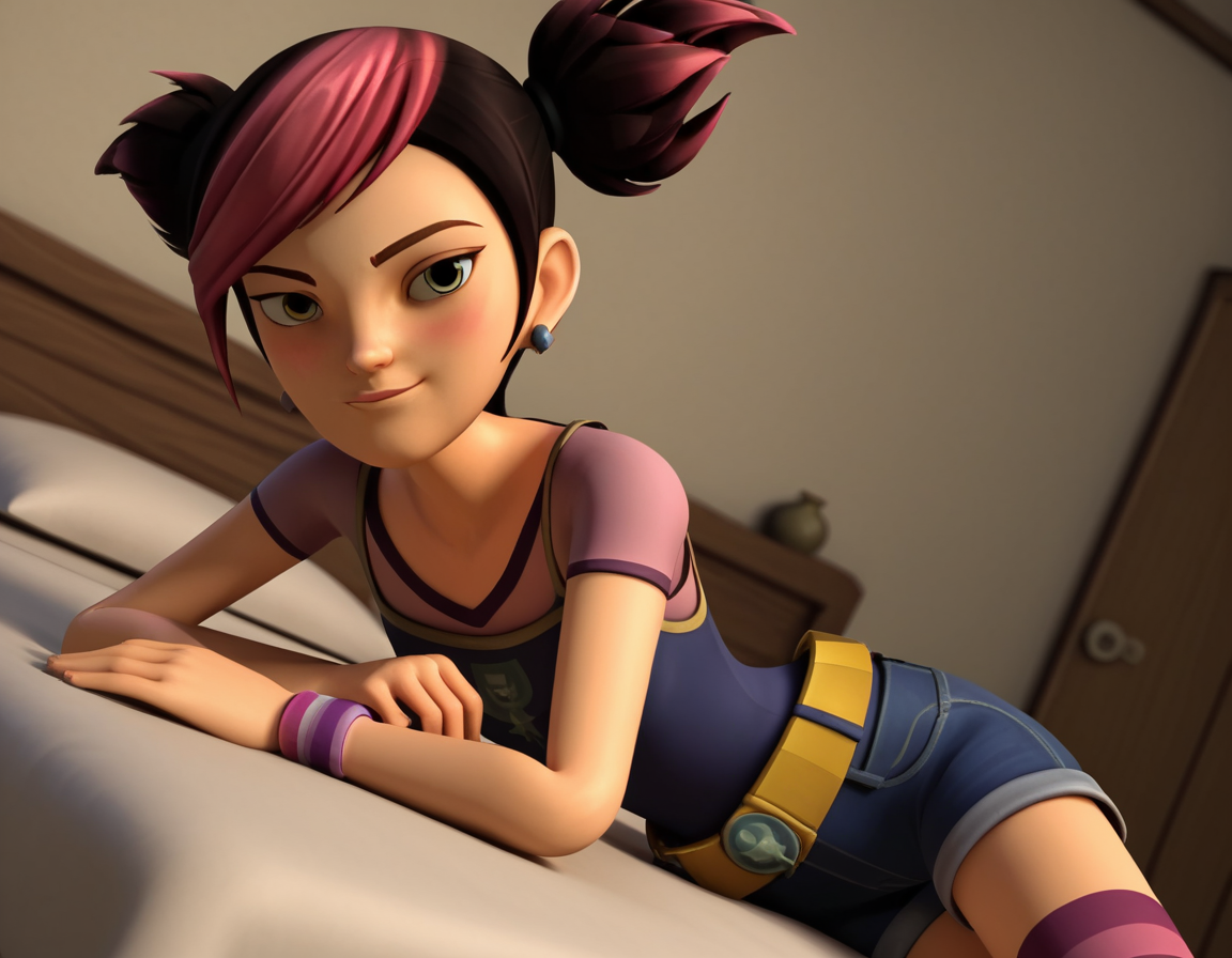 score_9, score_8_up, score_7_up, source_anime, <lora:miko-nakadai-cartoon-ponyxl-lora-nochekaiser:1>, miko nakadai, short hair, black hair, pink hair, multicolored hair, two-tone hair, twintails, streaked hair, 3d,, jewelry, earrings, wristband, camisole, shirt, short sleeves, striped, striped kneehighs, belt, shorts, denim,, indoors, bed, bed room, on side, blush, drunk, looking at viewer, solo,, cowboy shot, dutch angle