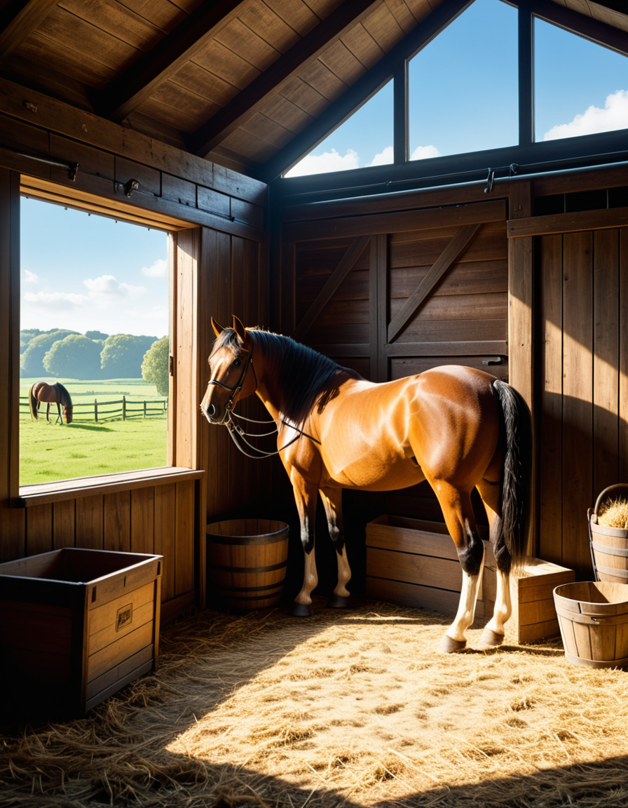 A rustic horse stable in the countryside, built with aged wooden beams and stone foundations, bathed in warm golden sunlight. The stable doors are slightly open, revealing the soft hay-covered floor inside. Horses stand calmly in their stalls, their glossy coats catching the light. Dust particles float in the air, illuminated by the sunbeams filtering through the gaps in the wooden planks. The atmosphere is serene, with a vintage, timeless feel. Weathered saddles and bridles hang neatly on the stable walls, and an old wooden cart sits nearby. The background features rolling green fields and a clear blue sky, creating a peaceful rural setting. Ultra-detailed, photorealistic, warm tones, cinematic lighting, sharp textures.
<lora:SDXLFaeTastic2400:0.4> <lora:extremely_detailed:0.4> extremely detailed,<lora:rustic_horse_st4bl3:1>,rustic horse st4bl3, Masterpiece,best quality,hi res,8k,hi res,8k,award winning,(sharp focus, intricate, highly detailed),