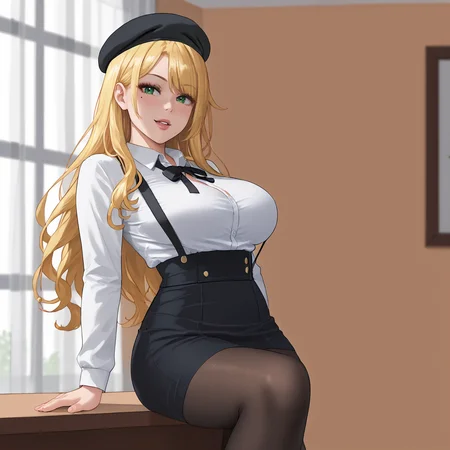 <lora:bishoujofreddy_pony_v1:.8>  BishoujoFreddy, 1girl, solo, blonde hair, large breasts, long hair,makeup, green eyes,   mole, eyeshadow, cowboy shot,  <lora:0902 Home wear 5_v1_pony:1> ruanyi0902,beret,black ribbon,collared shirt,black pantyhose,high-waist skirt,white shirt,suspenders