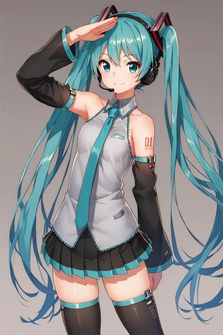 1girl,long hair,solo,hatsune miku,thighhighs,twintails,skirt,detached sleeves,very long hair,necktie,smile,aqua eyes,aqua hair,tattoo,shirt,black thighhighs,sleeveless,zettai ryouiki,black skirt,looking at viewer,headset,sleeveless shirt,hair ornament,pleated skirt,bare shoulders,aqua necktie,headphones,shoulder tattoo,white shirt,standing,black sleeves,miniskirt,salute,score_9,score_8_up,<lora:saitom_XL_PONY:0.8>,