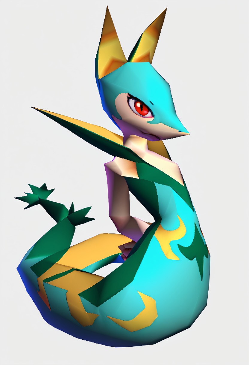 score_9, score_8_up, score_7_up,
source_anime,
BREAK 
soro,serpxl, red eyes, high collar, pokemon \(creature\), full body, snake, serpent,
from side,
arms behind back,kneeling,
n64zeldastyle, 3d, polygonal, white background, 
front view,