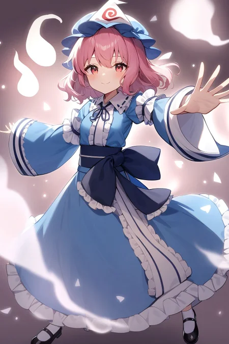 <lora:saigyouji_yuyuko XL:1>,, saigyouji yuyuko, 1girl, solo, hat, butterfly, bug, triangular headpiece, outstretched arms, long sleeves, japanese clothes, frills, hitodama, spread arms, mob cap, full body, ribbon, floating, smile, kimono, socks, shoes, black footwear, closed mouth, wide sleeves, white socks, blue headwear, blue kimono, blue dress, ghost, masterpiece,best quality,very aesthetic,absurdres