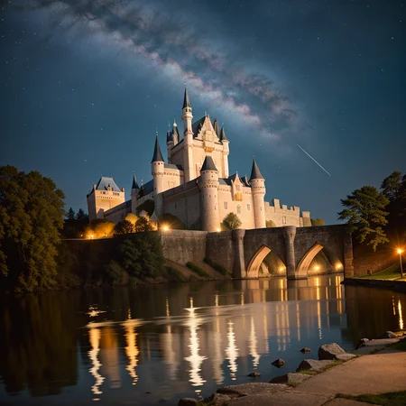 RAW photo, absurdres, high quality, photorealistic,
a castle with a moat, starry sky, night, brick, stone,
8k uhd, dslr, film grain, Fujifilm XT3, 20 megapixel, detailed, sharp focus,