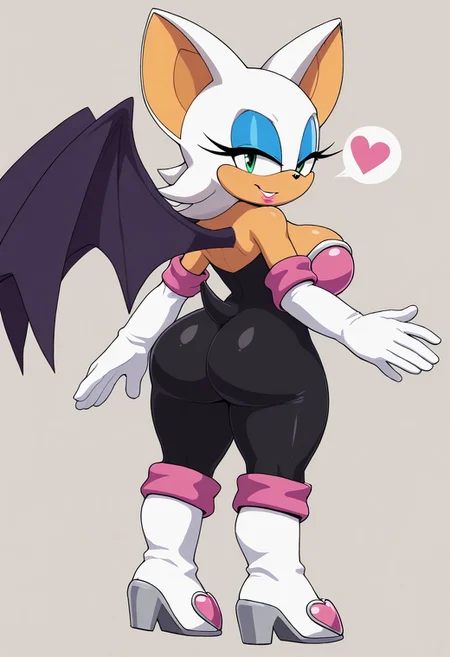 1girl, rouge the bat, shortstack, animal ears, bat ears, bat girl, bat tail, bat wings, eyeliner, furry, furry female, green eyes, makeup, tail, white hair, wings, eyeshadow, bare shoulders, black bodysuit, boots, elbow gloves, gloves, heart, knee boots, white footwear, white gloves, large breasts, thick thighs big ass, standing, looking at viewer, from behind, simple background
