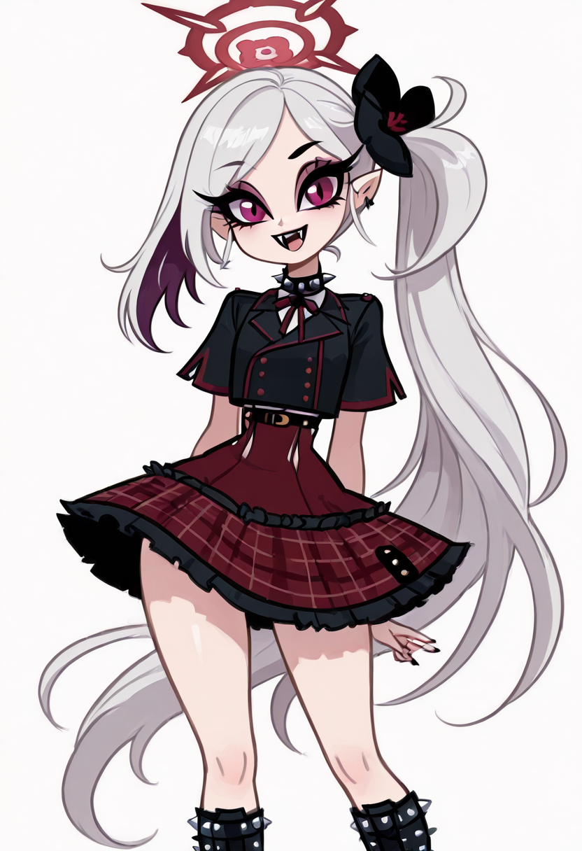 masterpiece, best quality, solo, curvy, beautiful eyes,  narrow waist, wide hips, zzMutsuki, long hair, halo, purple eyes, hair ornament, white hair, side ponytail, grey hair, pointy ears, hair flower,  red skirt, short sleeves, frilled skirt, plaid skirt, shirt,  ,       <lora:MutsukiBlueArchiveIXL:1.0>, , smile, looking at viewer, cowboy shot, (two-tone hair, purple hair, makeup, eyeshadow, black lips, dress, black boots, knee boots, spikes, spiked collar, gothic),   ,<lora:VampieNAI:1.0>,