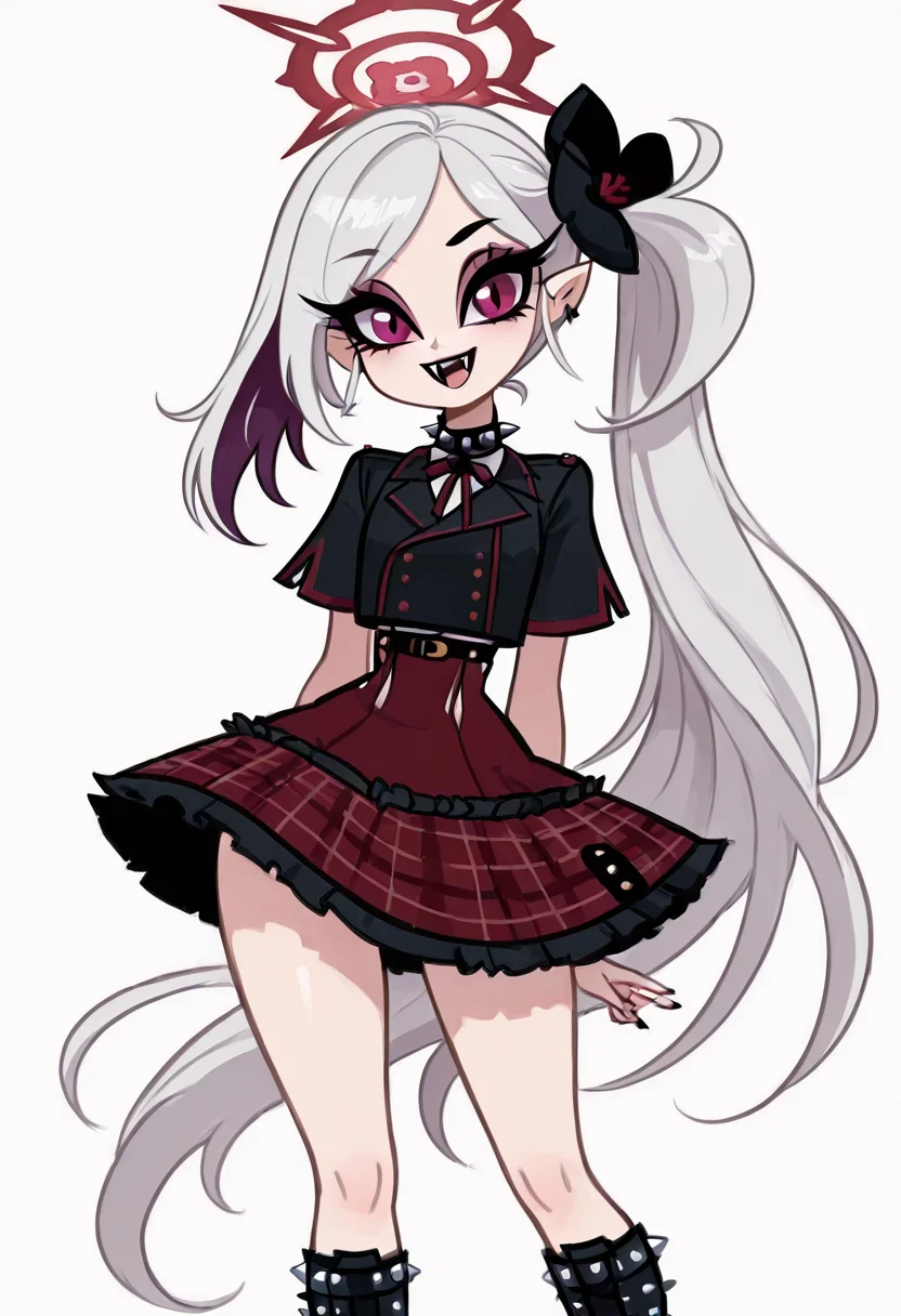 masterpiece, best quality, solo, curvy, beautiful eyes, narrow waist, wide hips, zzMutsuki, long hair, halo, purple eyes, hair ornament, white hair, side ponytail, grey hair, pointy ears, hair flower, red skirt, short sleeves, frilled skirt, plaid skirt, shirt, , <lora:MutsukiBlueArchiveIXL:1.0>, , smile, looking at viewer, cowboy shot, (two-tone hair, purple hair, makeup, eyeshadow, black lips, dress, black boots, knee boots, spikes, spiked collar, gothic), ,<lora:VampieNAI:1.0>,