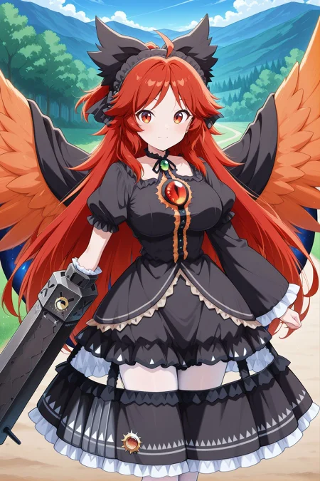 absurdres, highres, masterpiece, best quality, amazing quality, official anime artwork, screencap, anime screencap, outdoors, looking at viewer, light smile, dynamic pose, standing,
<lora:Utsuho-Reiuji_IllustriousV2:1>reiuji utsuho, 1girl, solo, red eyes, red hair, long hair, ahoge, orange wings, bird wings, third eye, breasts,, reiuji utsuho \(the tiny queen's charcoal maker\), alternate costume, alternate hair color, black hairband, frilled hairband, black bow, hair bow, black neck ribbon, black cape, black dress, asymmetrical sleeves, wide sleeves, frilled sleeves, frilled skirt, white pantyhouse, arm cannon, black cannon, chains, crenoline, detached skirt, green jewel, 
day,