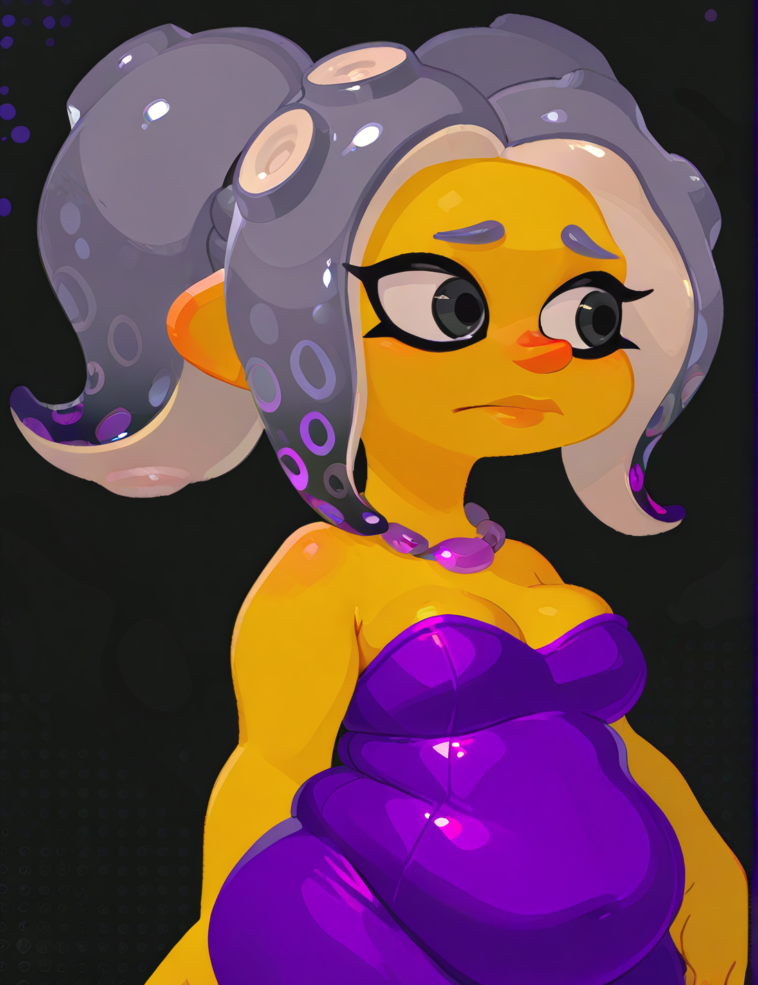 masterpiece, best quality, absurdres, 
solo, octoling, cephalopod eyes, purple dress, strapless dress, plump, fat,
 <lora:SelmaPatty_Bouvier_The_Simpsons:1> spbouvier, grey hair, big hair, yellow skin, black eyes, necklace, large bob cut,
  <lora:splatoonStyleArtbook_v10:1> abstract background, ink splash,