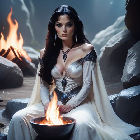 Score_9, score_8_up, score_7_up, score_6_up, BREAK <lora:80sFantasyMovieV3Pony:1> ArsMovieStill, 80s Fantasy Movie Still, The image shows a woman in a white dress sitting on a rock next to a fire bowl with a few rocks in the background., 1girl, jewelry, breasts, long hair, solo, necklace, earrings, sitting, black hair, realistic