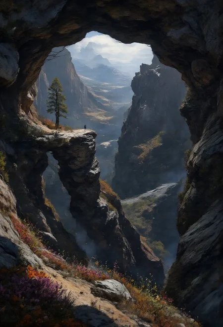 8k high quality digital painting , masterpiece, very detailed, ultra realistic, (best quality) very detailed epic masterpiece, vibrant colors, very colorful an overwhelming view of a deep valley, dark large trees in the shady foreground, brightly colored flowers in the foreground, a man in the foreground is sitting on a rock on a hiking trail and is looking into the wide valley, low sun provides a romantic lighting, sundowb, backlight, realism, photo realistic Panoramic viewing platforms offering breathtaking vistas. 8k resolution, hyper-detailed, photorealistic rendering, volumetric lighting, dynamic shadows, ambient occlusion. <lora:aidmaFLUXPro1.1-FLUX-v0.3:0.3> <lora:Illustration_Style_IV:0.7> <lora:c»ªa¿ CGe£æ»¤eFLUX:0.6> <lora:Fluxartis 28.11A:0.8> <lora:flux_floralizer:0.2> <lora:flux_dev:1>