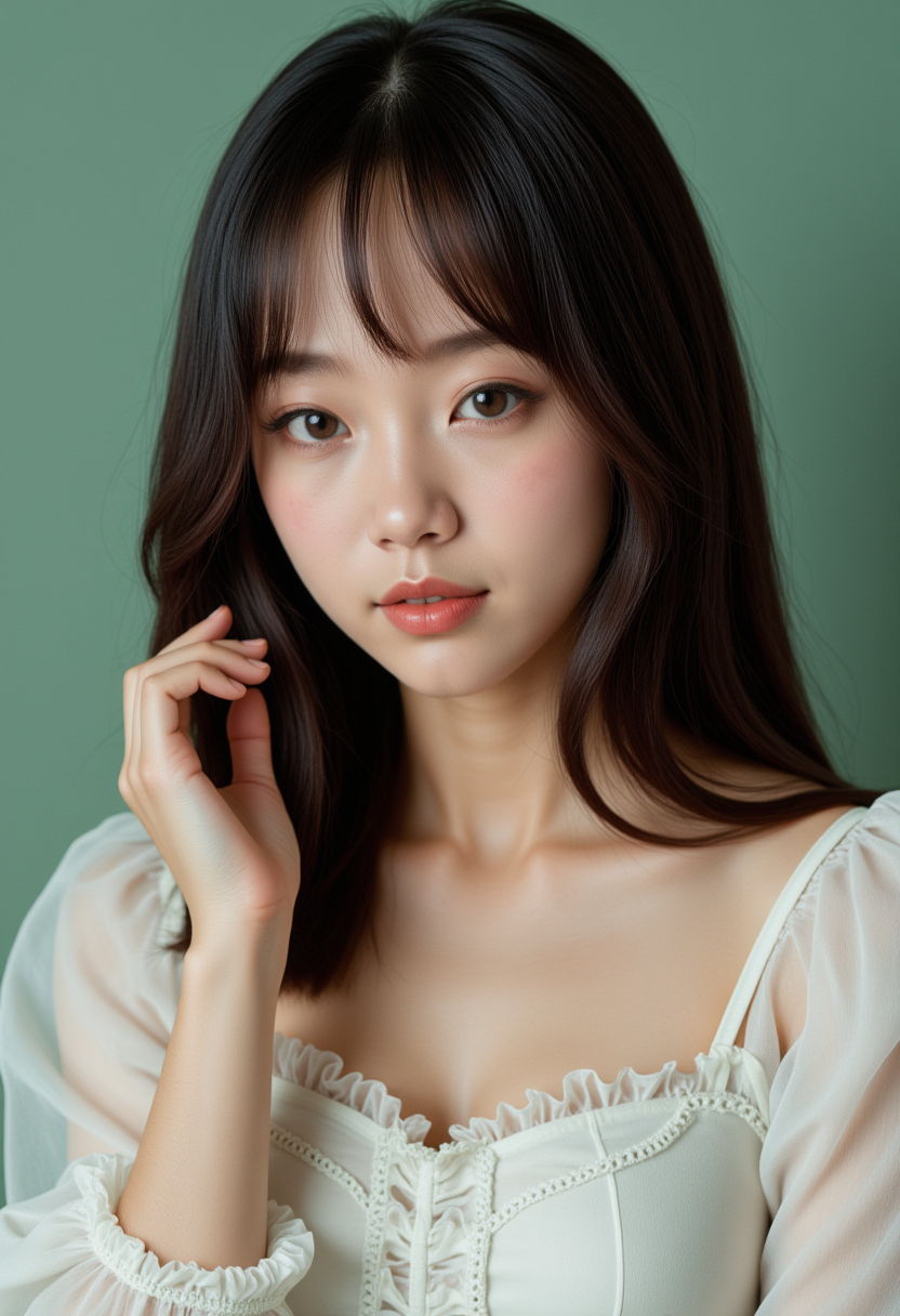 She is approximately 18 years old. Hyperrealism, she is looking at the camera, (dynamic angles), profile headshots of a beautiful, stunning unique female character. She has dark hair. her eyes are filled with joy and excitement, extravagant eyelashes. A photo of Sung_CDC, wearing a white frilly shirt. The woman is posing confidently. simple sage green colored background. She has a slight smile on her face and is looking directly at the camera. making this image a masterpiece of photography and digital art. realistic. making this image a masterpiece of photography and digital art. Style: realistic hyper-detailed rendering, 32k UHD, expressive eyes, punk, graphic design, girl's face, pretty and cute, gleaming lips, telling a tale of adventure. Exuding confidence and serenity. The overall mood of the image is happy and relaxed,detailed skin texture,(blush:0.2),(goosebumps:0.3),subsurface scattering,whimsical,Detailed hand, Perfect hand. Perfection style.