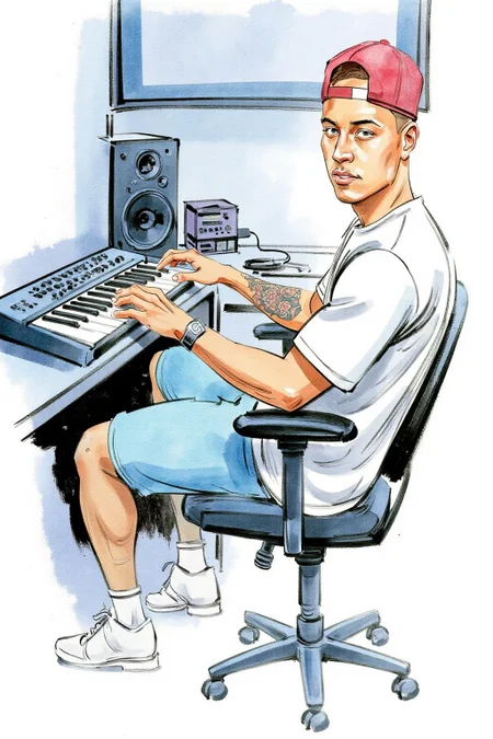 watercolor illustration.
A young man, show in side profile view, is seated at a computer workstation. He is playing a synthesizer keyboard, with his hands poised over the keys. He has a muscular build, with visible tattoos on his arms and hands. He is turning his head sideway to look at the viewer. <lora:watercolor.comic1_cap_d6a3:1.0><lora:830628855510391097:0>
