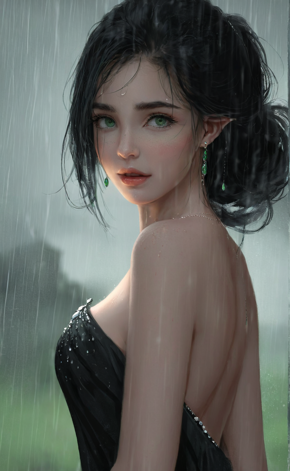 <lora:wlop_mobei:0.8>,wlop,portrait of a beautiful girl highly detailed,The woman with black hair and green eyes,wearing jewelry and an off-shoulder dress,in the rain,her bare shoulders and collarbone exposed.,