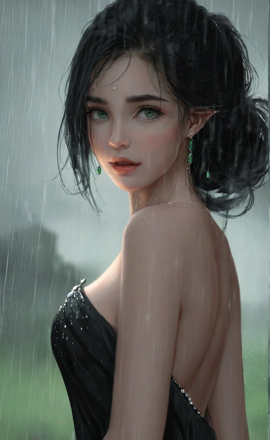 <lora:wlop_mobei:0.8>,wlop,portrait of a beautiful girl highly detailed,The woman with black hair and green eyes,wearing jewelry and an off-shoulder dress,in the rain,her bare shoulders and collarbone exposed.,