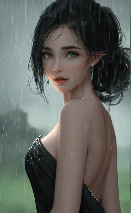 <lora:wlop_mobei:0.8>,wlop,portrait of a beautiful girl highly detailed,The woman with black hair and green eyes,wearing jewelry and an off-shoulder dress,in the rain,her bare shoulders and collarbone exposed.,