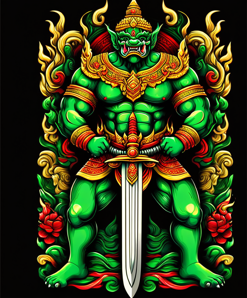 thai ogre style, giant,,  holding a sword, colors green red and gold, a sexy lady behind it, extremely detailed, digital art, t-shirt design, dark blackground <lora:thai ogre_style:0.75>