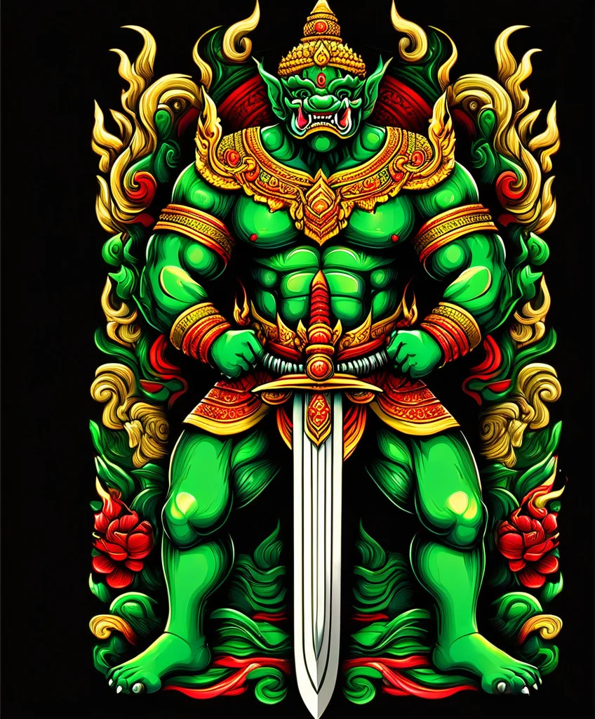 thai ogre style, giant,, holding a sword, colors green red and gold, a sexy lady behind it, extremely detailed, digital art, t-shirt design, dark blackground <lora:thai ogre_style:0.75>