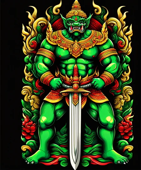 thai ogre style, giant,, holding a sword, colors green red and gold, a sexy lady behind it, extremely detailed, digital art, t-shirt design, dark blackground <lora:thai ogre_style:0.75>