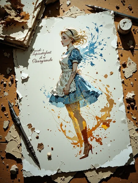 UnderlandAlice, Writing. On a table a sheet of white writing paper, pen with a quill, on a sheet of paper a drawing of an image of a transparent airy beautiful sensual lady, transparent outline of a woman from ethereal threads in the air, calligraphic text, double exposure, realistic,