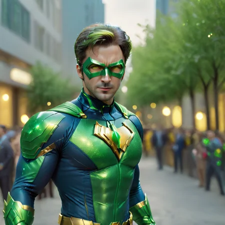 <lora:SDXL_Superhero:1> SupHerSup, Dynamic Action Shot of handsome man, superhero cosplay, in Yellow Green and Dark Blue suit <lora:PerfectEyesXL:0.8> perfecteyes,<lora:add-detail-xl:0.8>,<lora:xl_more_art-full_v1:0.5> (depth of field, bokeh, 4K, hyper realism, soft light, dramatic light, sharp, HDR)4k, UHD, ultrarealistic photo, full body shot,