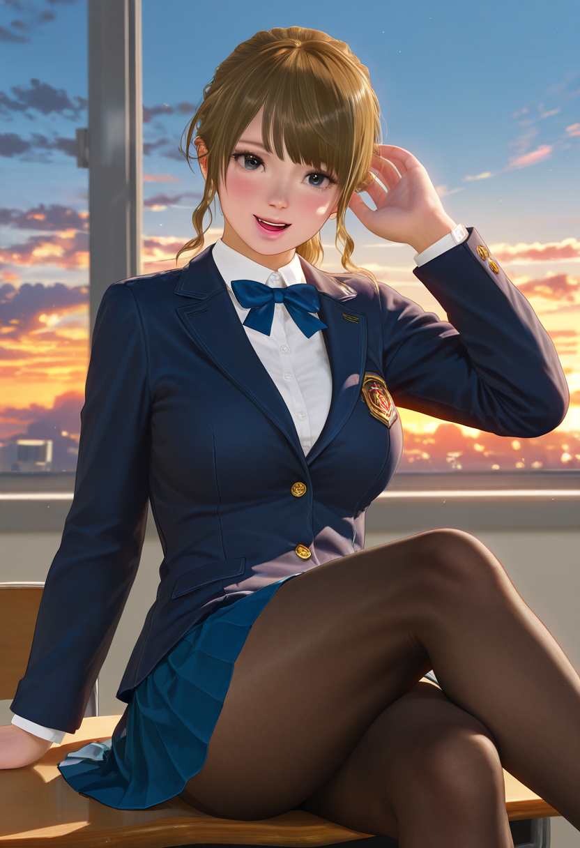 masterpiece,best quality,amazing quality,absurdres,aesthetic,newest, ultra-detailed, high resolution, cinematic lighting, realistic shading, dark ambiance, dramatic contrast, monica \(doaxvv\), blonde hair, grey eyes, pink lips,  swept bangs, wavy ponytail, wavy sidelocks, crossed legs, school uniform, sitting, smile, looking at viewer, jacket, open mouth, blue skirt, black pantyhose, bow, white shirt, pleated skirt, sitting on desk, cloud, long sleeves, sky, blazer, :d, collared shirt,sunset, bowtie, indoors, hand up,breasts, blush, blue bow,  <lora:None:1.0> <lora:doa_monica_rouwei07_vpred_v10:1.0000000000000002>
