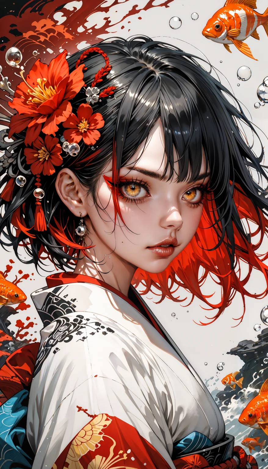 score_9, score_8_up, score_7_up, black background,simple background,Volumetric Lighting,looking at the viewer,glowing,1girl,fish,goldfish,black hair,bubble,yellow eyes,solo,makeup,multicolored hair,short hair,japanese clothes,kimono,eyeshadow,koi,red hair,flower,black kimono,streaked hair,upper body,parted lips,air bubble,tattoo,grey background,red flower,eyeliner,white border, black and red theme, monochrome, greyscale, <lora:Expressive_H-000001:0.8>, expressiveH <lora:MythM4ngaStyle:0.9> <lora:Pony_DetailV1.0:0.9>
