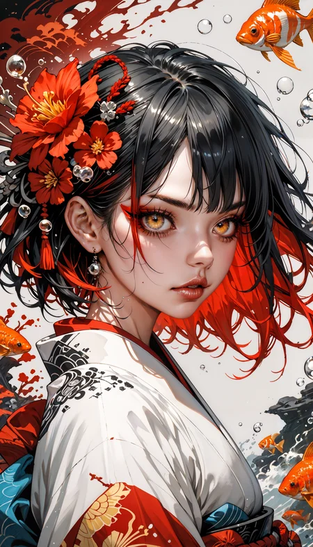 score_9, score_8_up, score_7_up, black background,simple background,Volumetric Lighting,looking at the viewer,glowing,1girl,fish,goldfish,black hair,bubble,yellow eyes,solo,makeup,multicolored hair,short hair,japanese clothes,kimono,eyeshadow,koi,red hair,flower,black kimono,streaked hair,upper body,parted lips,air bubble,tattoo,grey background,red flower,eyeliner,white border, black and red theme, monochrome, greyscale, <lora:Expressive_H-000001:0.8>, expressiveH <lora:MythM4ngaStyle:0.9> <lora:Pony_DetailV1.0:0.9>