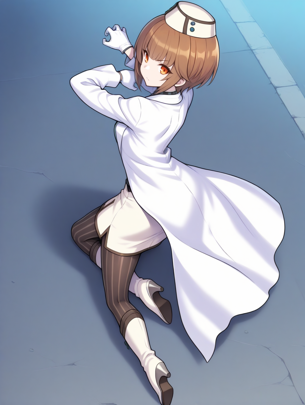 perfect quality,best quality,absolutely eye-catching,ambient occlusion,raytracing BREAK
1girl,<lora:rahuline IL v1.1:0.8>,rahuline,brown hair,orange eyes,short hair,hat,lab coat,long sleeves,white gloves,license plate,pencil skirt,vertical-striped black pantyhose,high heel boots,medium skirt,, from above, looking at viewer,full_shot,arched_back,claw_pose,arm_behind_head,yokozuwari,