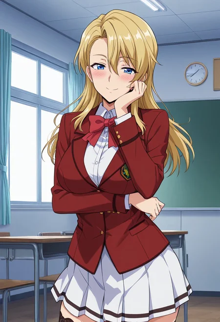 score_9,score_8_up,score_7_up,source_anime,5_figner,2d_animation,game cg,BREAK,1girl,solo,
mikisaka haruka,
long hair, blue eyes, blonde hair, head rest,large breast,
wine red blazer,bow, school uniform, white skirt,
stockings,
school,class room,locker,window,indoor,curtain,bulletin board,
smile,cowboyshot,standing,blush,
masterpiece,best qualit,ultra-detailed,illustration,an extremely delicate and beautiful,beautiful detailed eyes,unity 8k wallpaper,high resolution,anime CG,official_art,