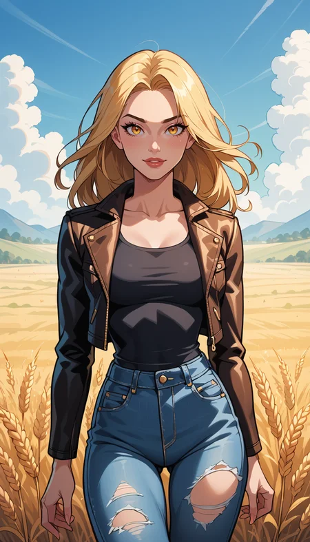 score_9, score_8_up, score_7_up, Western Comics, Cowboy Shot, Belén Rodríguez, cute, seductive, innocent, light smile:0.3, plump lips, slender body, long, straight hair, wearing leather jacket and ripped jeans, picturesque, sharp, colorful, ultra blue and yellow, dim colors, wheat field background, depth of field, dynamic angle, fashion photography, sharp, hyperdetailed:1.15