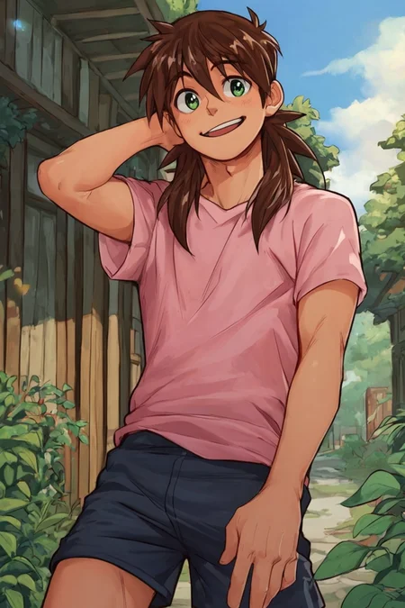 score_9, score_8_up, score_7_up, Jasdavi style, 1boy, solo,brown hair, long hair, pink t shirt, shorts, green eyes, smile, outdoors, <lora:Jasdavi_style5:0.8>