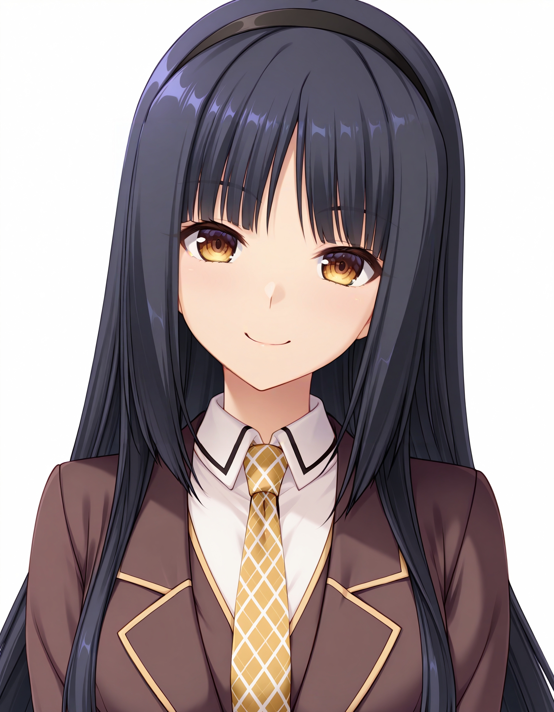 1girl, <lora:MaiyaIL-v3:1>, ma1ya, anime coloring, black hairband, school uniform, brown jacket, brown blazer, brown vest, collared shirt, white shirt, long sleeves, plaid necktie, yellow necktie, looking at viewer, smile, upper body, white background, very awa, masterpiece, best quality, newest, highres, absurdres