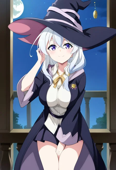 (score_9:0.9),score_8_up,score_7_up,rating_safe,anime style,(zPDXL),masterpiece, anime coloring) rating_safe, anime style, anime_screencap, source_anime,
BREAK source_anime, anime, best quality, masterpiece, rating_safe, uncensored, High quality, 8k, Ultra,
BREAK (Balcony, night sky, moon, wind),
BREAK 1girl, Elaina_(Majo_no_Tabitabi), long_hair, hair_between_eyes, blue_eyes, purple_eyes, white_hair, ahoge, braid,
ong_hair, hair_between_eyes, blue_eyes, purple_eyes, white_hair, braid, witch_hat, black_headwear, yellow_ribbon, neck_ribbon, white_shirt, collared_shirt, black_robe, open_robe, hooded_robe, wide_sleeves, long_sleeves, black_skirt, jewelry, pendant,
BREAK ((cowboy shot)),(leaning forward),(hand in own hair),(hand between legs),(from below),
busty breasts,
(large breasts:1.2),looking at viewer, smile,