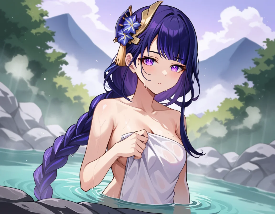 score_9, score_8_up, score_7_up, source_anime,
raidenshogun, <lora:raiden-shogun-ingame-ponyxl-lora-nochekaiser:1>,
raiden shogun, braid, braided ponytail, hair flower, hair ornament, long hair, mole, mole under eye, purple eyes, purple flower, purple hair, single braid, sidelocks,
nude, naked,
outdoors, onsen, towel, naked towel, steam, bathing, nude cover, partially submerged, water, bath, steam censor, wet towel,
looking at viewer, cowboy shot, dutch angle,