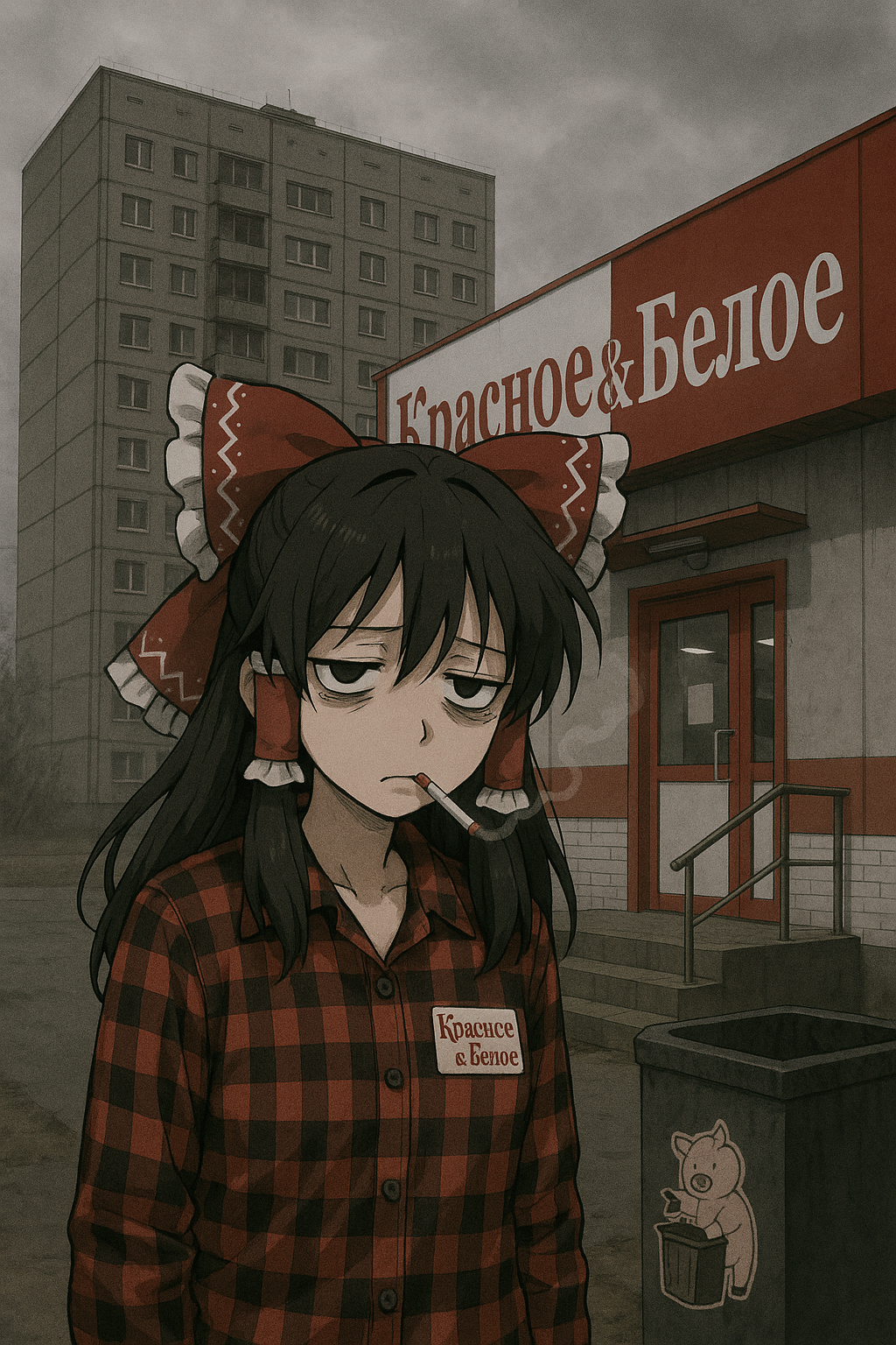 Under a grey, overcast sky, a Soviet-era panel apartment building looms in the background. The foreground features the entrance to a "Krasnoe & Beloe" convenience store, its large red-and-white sign contrasting with the drab surroundings. A nearby trash bin has a sticker of a cartoon pig throwing garbage away. The entire scene is steeped in a bleak, urban monotony. In front of it all stands Reimu Hakurei from the Touhou Project, visibly exhausted and smoking a cigarette. She’s wearing a red-and-black plaid shirt with a "Krasnoe & Beloe" employee badge pinned to it, blending into the dull Soviet atmosphere.