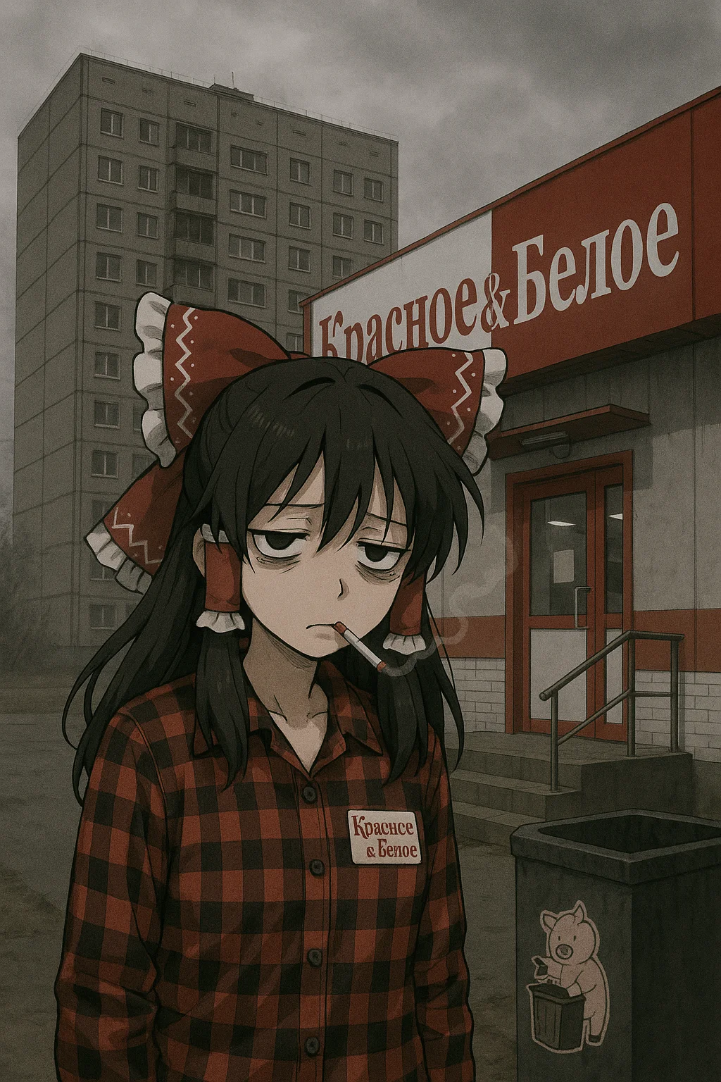 Under a grey, overcast sky, a Soviet-era panel apartment building looms in the background. The foreground features the entrance to a "Krasnoe & Beloe" convenience store, its large red-and-white sign contrasting with the drab surroundings. A nearby trash bin has a sticker of a cartoon pig throwing garbage away. The entire scene is steeped in a bleak, urban monotony. In front of it all stands Reimu Hakurei from the Touhou Project, visibly exhausted and smoking a cigarette. She’s wearing a red-and-black plaid shirt with a "Krasnoe & Beloe" employee badge pinned to it, blending into the dull Soviet atmosphere.